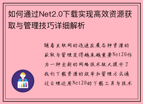 如何通过Net2.0下载实现高效资源获取与管理技巧详细解析